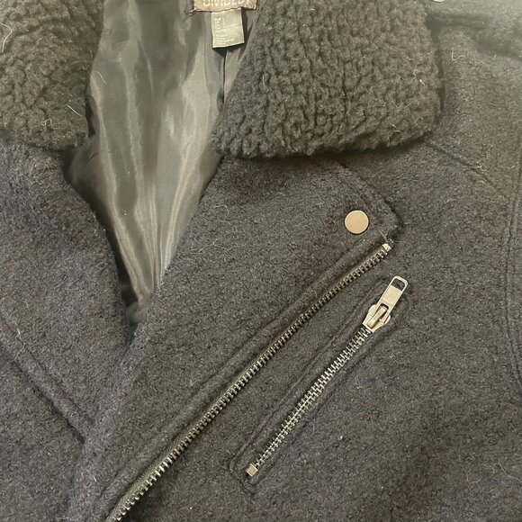 H&M Boucle Wool Blend Motorcycle Jacket Black Size L Faux Fir Collar - Picture 3 of 6